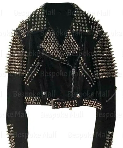 Pre-owned Handmade Women Black Silver Spiked Studded Punk Rock Cowhide Biker Leather Jacket-689