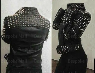 Pre-owned Handmade Women's Black Silver Spiked Studded Punk Unique Biker Leather Jacket-359