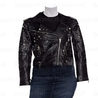 Pre-owned Handmade Women Black Silver Star Studded Zipper Cowhide Motorbike Leather Jacket-238