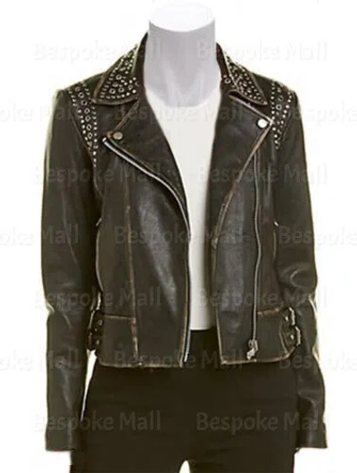 Pre-owned Handmade Women's Black Silver Studded Eyelet Brando Cowhide Biker Leather Jacket-345
