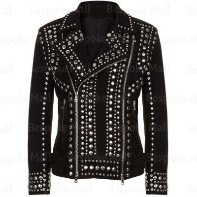 Pre-owned Handmade Women Black Silver Studded Eyelets Fringed Cowhide Leather Jacket-183