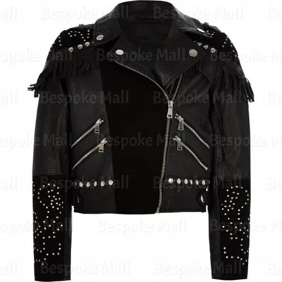Pre-owned Handmade Women's Black Silver Studded Fringed Brando Cowhide Suede Leather Jacket-590