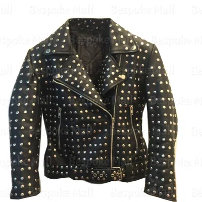 Pre-owned Handmade Women's Black Silver Studded Heart Front Pockets Biker Leather Jacket-137