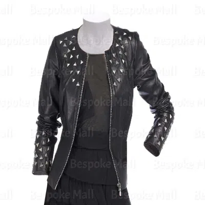 Pre-owned Handmade Women Black Silver Studded On Shoulder Brando Style Biker Leather Jacket-135
