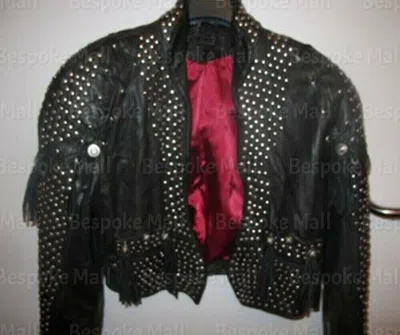 Pre-owned Handmade Women's Black Silver Studded Punk Unique Cowhide Biker Leather Jacket-684