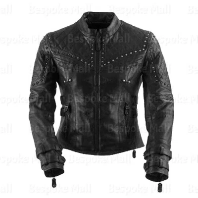 Pre-owned Handmade Women's Black Silver Studded Quilted Brand Cowhide Biker Leather Jacket-83