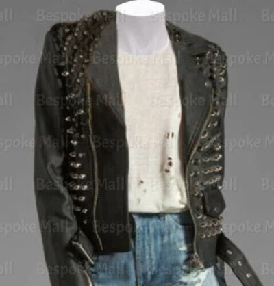 Pre-owned Handmade Women's Black Silver Studded Unique Brando Cowhide Biker Leather Jacket-356