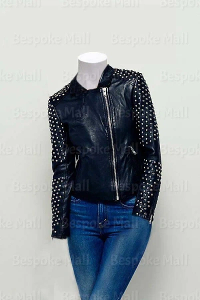 Pre-owned Handmade Women's Black Silver Studded Zipper Cowhide Leather Jacket-263