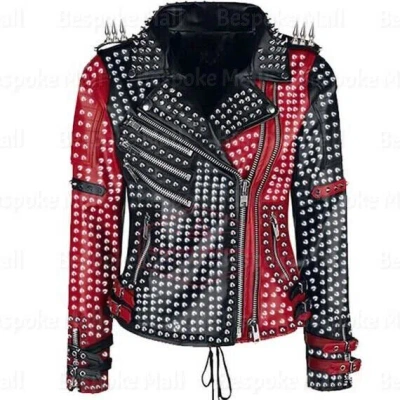 Pre-owned Handmade Women's Black Silver Studded Zipper Cowhide Motorbike Leather Jacket-1031