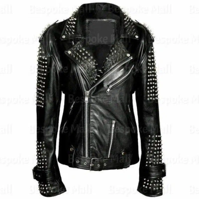Pre-owned Handmade Women's Black Silver Studded Zipper Style Cowhide Biker Leather Jacket-979