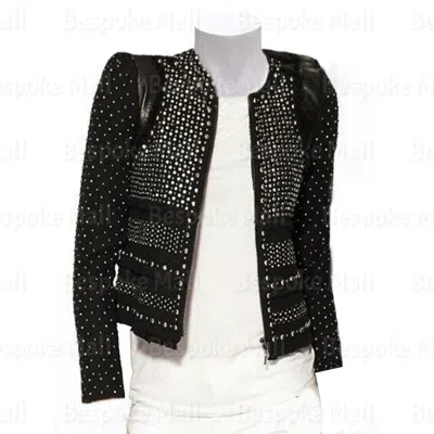 Pre-owned Handmade Women Black Silver Studs Punk Unique Brando Cowhide Biker Leather Jacket-352