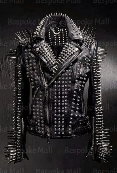 Pre-owned Handmade Women's Black Studded Metallic Pretty Design Biker Real Leather Jacket-1078 In Gray