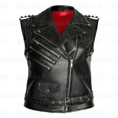 Pre-owned Handmade Women's Black Tonal Studded Zipper Belted Cowhide Biker Leather Vest-232
