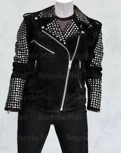 Pre-owned Handmade Women's Black Vintage Suede Leather Silver Studs  Brando Jacket-507