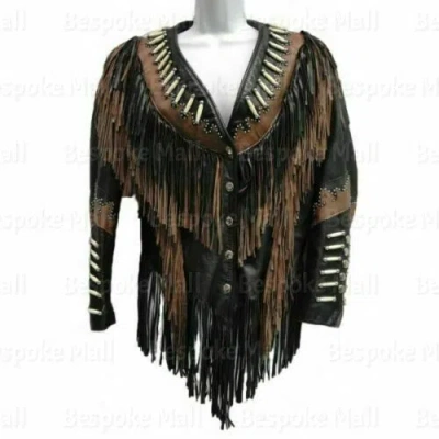 Pre-owned Handmade Women's Black Western Beaded Suede Leather Jacket Cowgirl Fringed Jacket-755