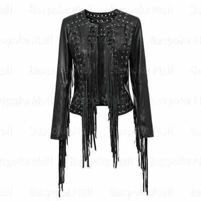 Pre-owned Handmade Women' Black Western Jacket Fringes Native American Suede Leather Jacket-758
