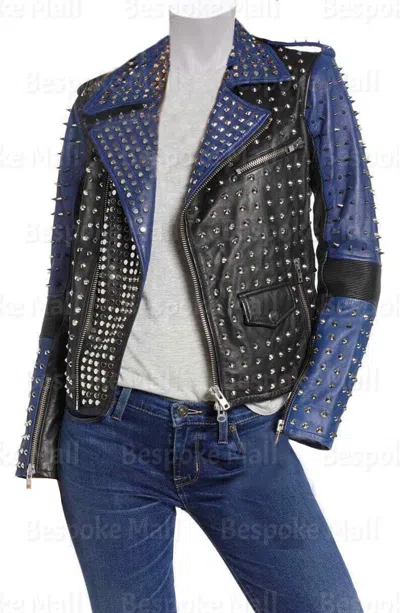 Pre-owned Handmade Women's Blue Black Full Silver Studded Punk Unique Brando Leather Jacket-465