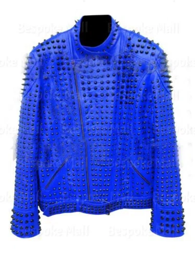 Pre-owned Handmade Women Blue Black Tonal Spiked Studded Punk Cowhide Biker Leather Jacket-526