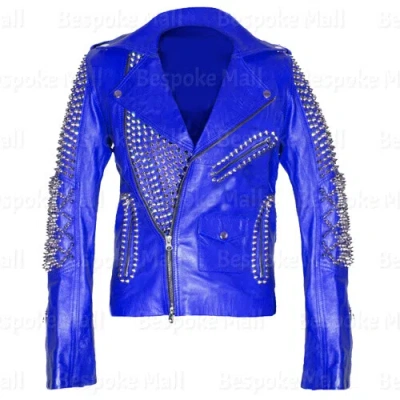Pre-owned Handmade Women Blue Full Heavy Metal Spiked Studded Classic Brando Leather Jacket-74