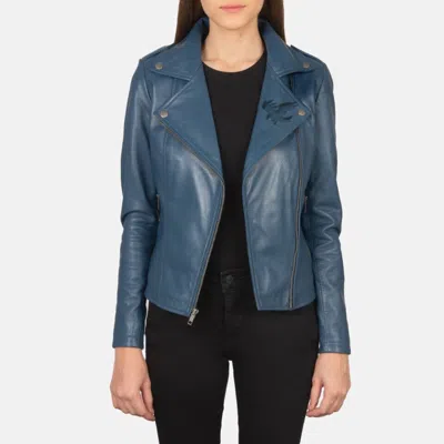 Pre-owned Handmade Women's Blue Pearl Leather Jacket - Stylish Genuine Leather, Slim Fit Design