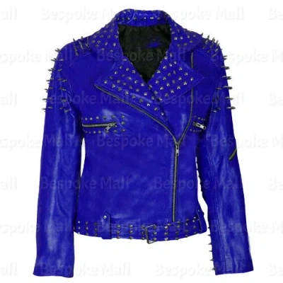 Pre-owned Handmade Women's Blue Punk Heavy Metal Spiked Studded Brando Biker Leather Jacket-8