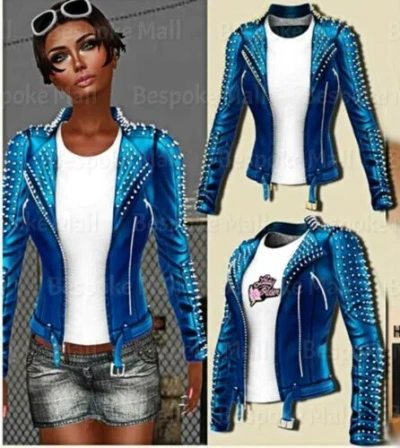 Pre-owned Handmade Women Blue Punk Rock Silver Spiked Studded Cowhide Biker Leather Jacket-1050