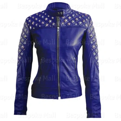 Pre-owned Handmade Women's Blue Silver Star Studded Quilted Cowhide Biker Leather Jacket-744