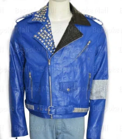 Pre-owned Handmade Women's Blue Silver Studded Cowhide Motorbike Leather Jacket-610