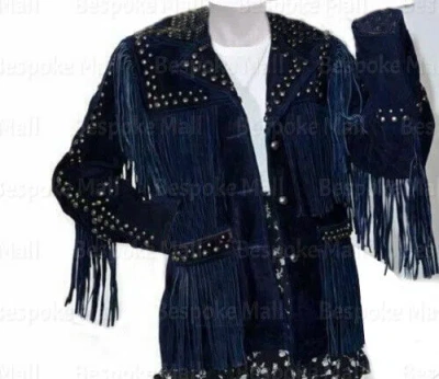 Pre-owned Handmade Women's Blue Western Studded Suede Leather Jacket Cowgirl Fringes Jacket-422