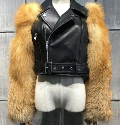 Pre-owned Handmade Women Brand Real Leather Jacket Coat Real Fox Fur Sleeves All Sizes In Black