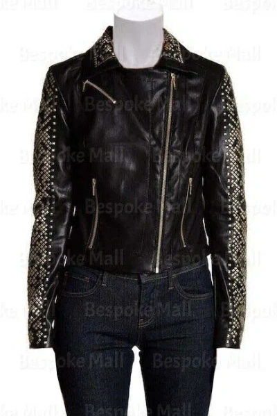 Pre-owned Handmade Women's Brando Full Golden Studded Black Cowhide Leather Jacket-225