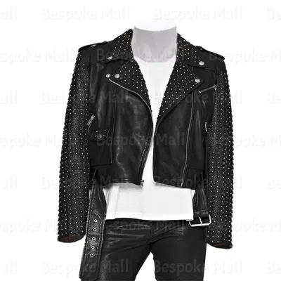 Pre-owned Handmade Women Brando Punk Full Studded Black Cowhide Biker Leather Jacket Belted-233