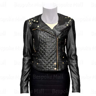 Pre-owned Handmade Women Brando Quilted Studded Black Cowhide Biker Leather Jacket-432
