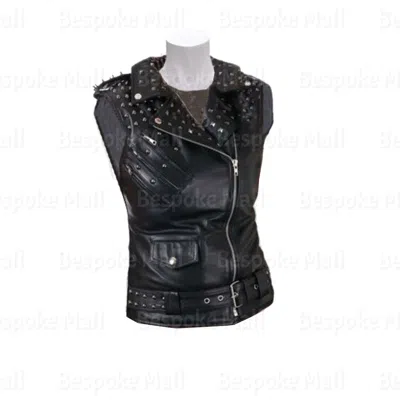Pre-owned Handmade Women's Brando Silver Studded Zipper Belted Cowhide Biker Leather Vest-273