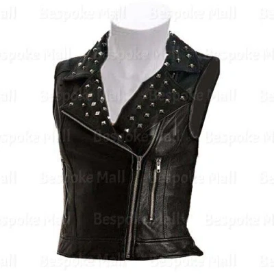 Pre-owned Handmade Women's Brando Silver Studs Black Cowhide Biker Leather Vest-227