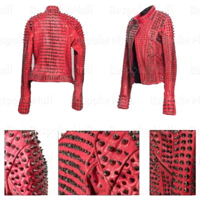 Pre-owned Handmade Women's Brando Steam Punk Black Tonal Studded Red Cowhide Leather Jacket-556