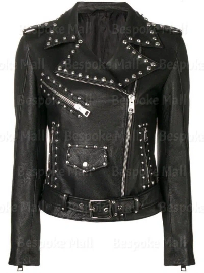 Pre-owned Handmade Women's Brando Style Black Silver Studded Real Cowhide Leather Jacket-1021