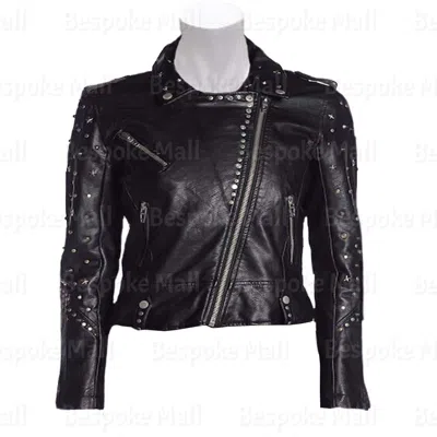 Pre-owned Handmade Women Brando Style Black Silver Studded Zipper Cowhide Leather Jacket-252