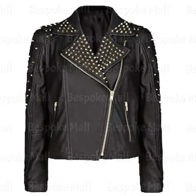 Pre-owned Handmade Women's Brando Style Black Silver Studded Zipper Cowhide Leather Jacket-253
