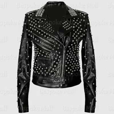 Pre-owned Handmade Women's Brando Style Black Tonal Studded Punk Cowhide Leather Jacket-994