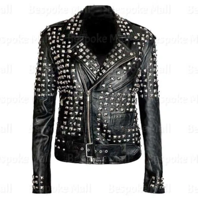 Pre-owned Handmade Women's Brando Style Punk Full Silver Studded Cowhide Leather Jacket-426