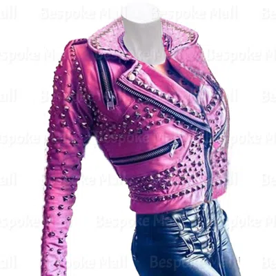 Pre-owned Handmade Women's Brando Style Purple Silver Studded Cowhide Biker Leather Jacket-479