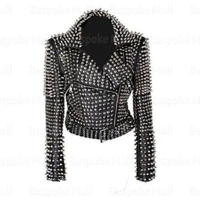 Pre-owned Handmade Women's Brando Style Real Silver Studded Spiked Biker Leather Jacket-808