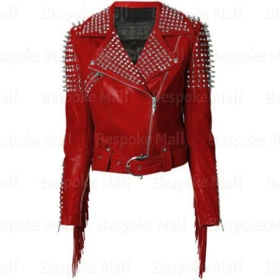 Pre-owned Handmade Women's Brando Style Silver Studded Fringed Cowhide Biker Leather Jacket-903