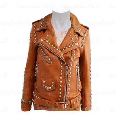 Pre-owned Handmade Women Brando Style Tan Full Silver Studded Unique Zipper Leather Jacket-279
