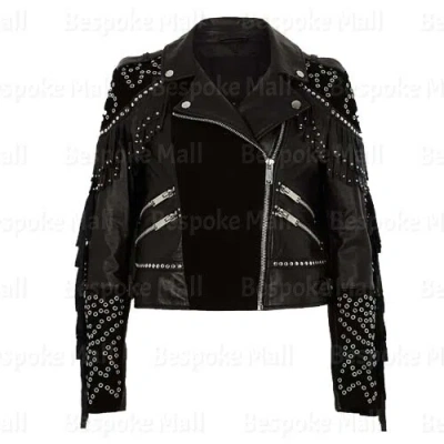 Pre-owned Handmade Women Brando Stylish Silver Studs Black Cowhide Leather Jacket-224