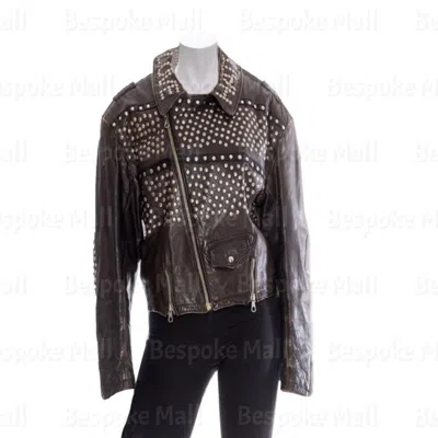 Pre-owned Handmade Women Brown Brando Silver Studded Zipper Cowhide Leather Jacket-271