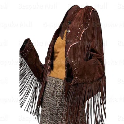 Pre-owned Handmade Women Brown Fringes Silver Studded Cowhide Biker Leather Jacket-228