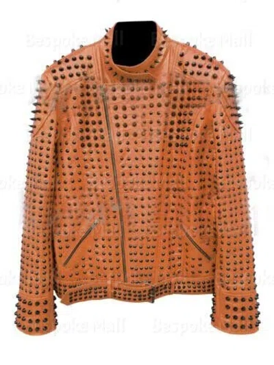 Pre-owned Handmade Women Brown Full Black Tonal Spiked Studded Punk Cowhide Leather Jacket-984