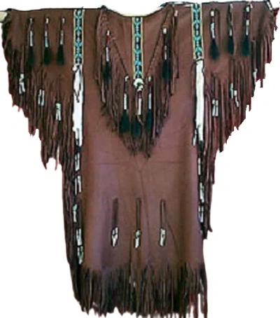 Pre-owned Handmade Women's Brown Leather Long Fringes Beaded Wedding Dress Powwow Regalia Wd029